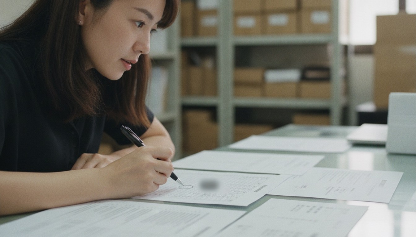 採購把三家格式不同的報價攤在桌上，用筆圈出第二頁的小字「運費另計」