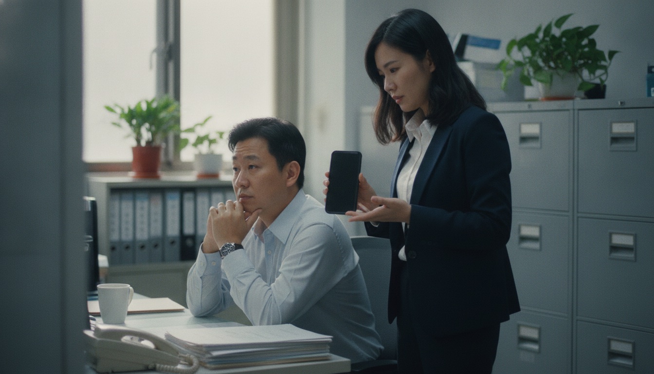 特助拿著手機站在 IT 同事座位旁，先問能不能裝轉寫工具、錄音檔能不能傳出公司