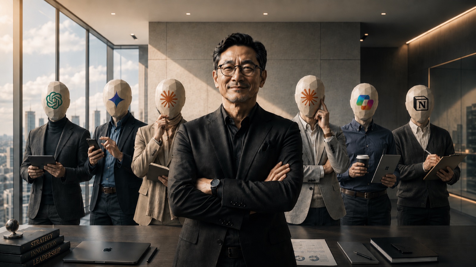老闆站在中間，身後一排戴 AI 面具的同事