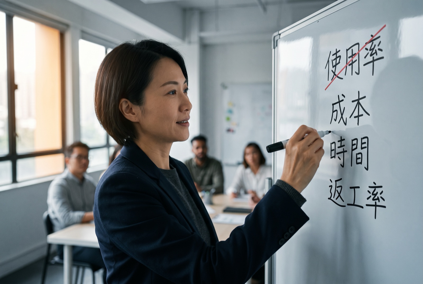 一位主管在白板前把「使用率」畫掉,改寫成成本、時間、返工率等成果指標