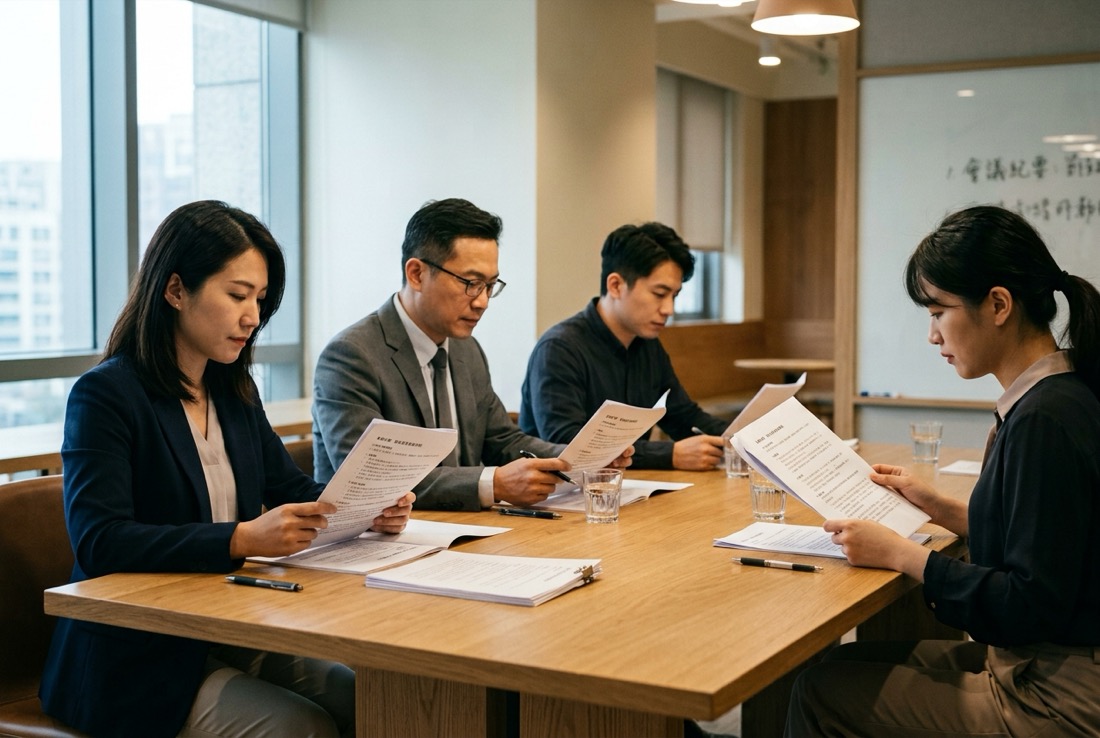 一場只有四個人的小型會議,桌上每人面前放著一份列印文件,開場時安靜低頭閱讀,氣氛專注