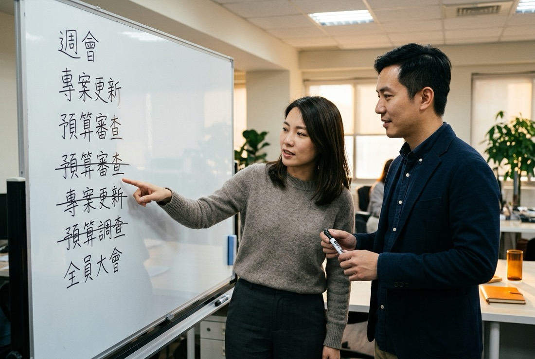 兩位主管並肩站在白板前,指著一張手寫的例行會議清單逐項討論,其中幾行已被劃掉