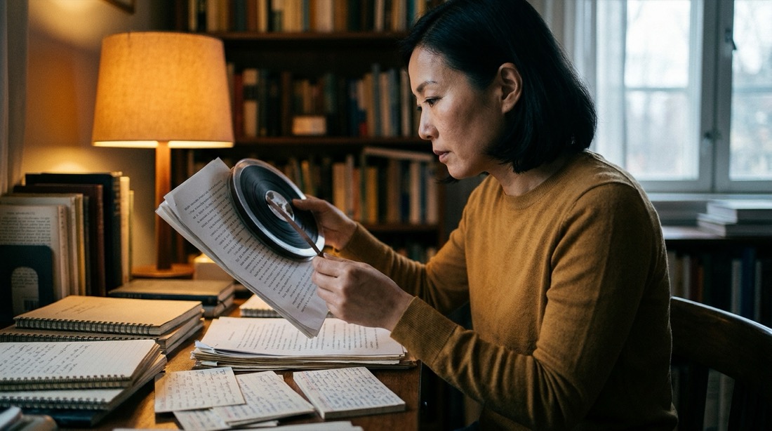 一位女性在書桌前檢視成堆的手稿與錄音母帶