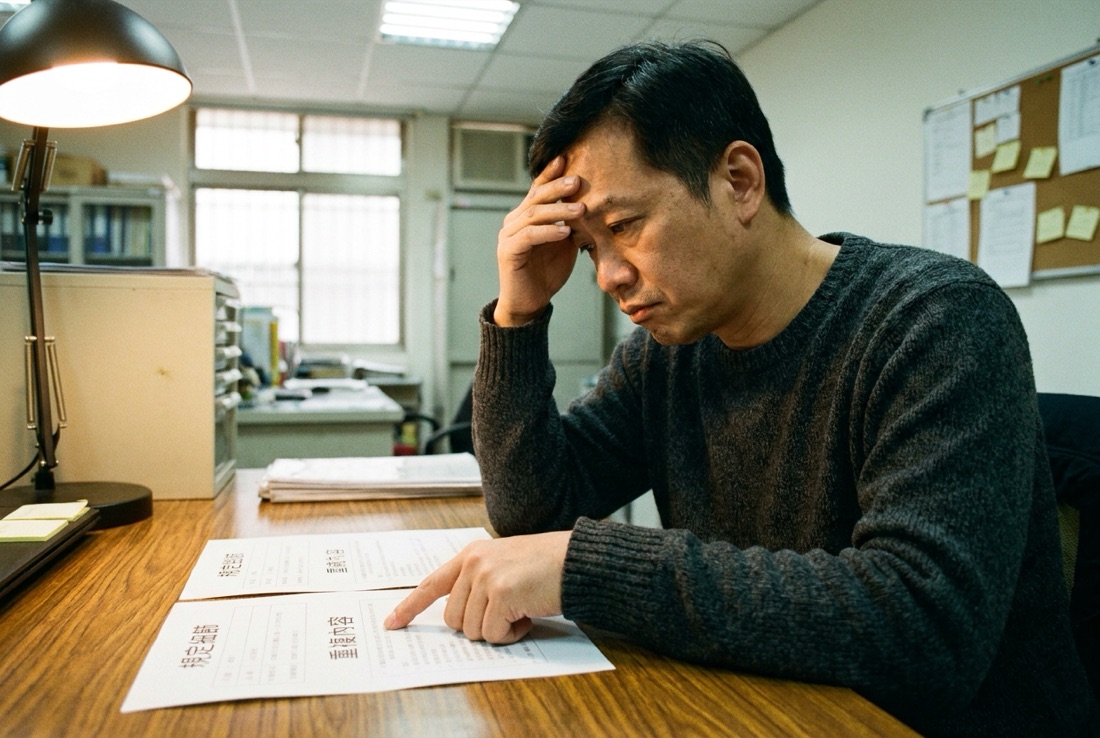 同一位主管把兩份幾乎一模一樣的說明文件並排放在桌上，手指著兩份重複的內容，臉上帶著無奈，暖色桌燈與冷色螢幕光形成對比
