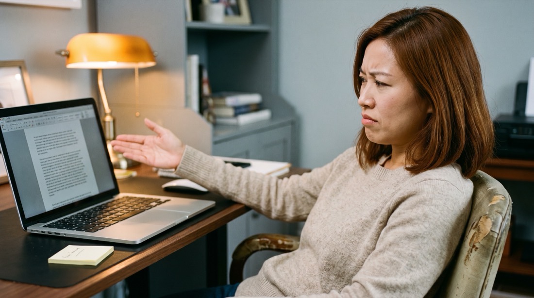 一位女性上班族皺眉指著筆電螢幕,桌上只放著一張寫了一行字的便利貼