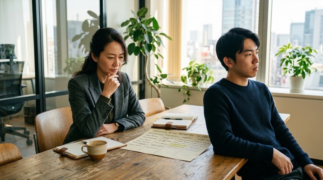 主管與部屬在同一張桌前各自別開身、視線岔開，中間一張準備表被忽略