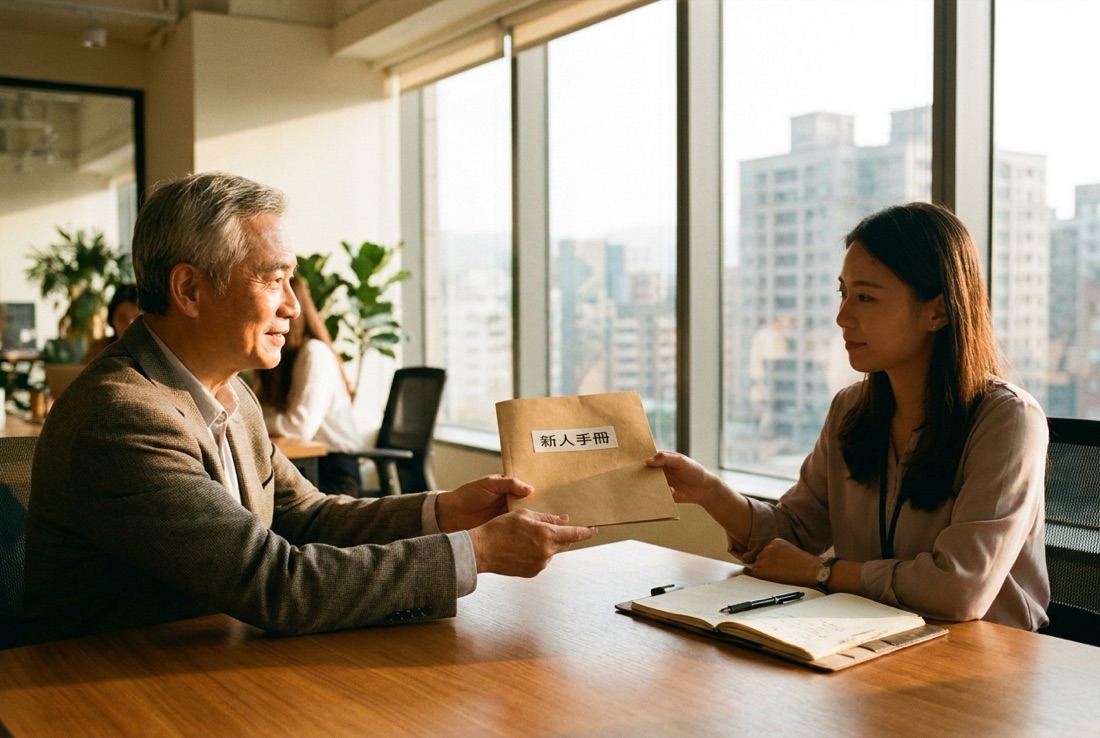 一位資深主管把一本標著「新人手冊」的資料夾遞給坐在對面的年輕同事，兩人隔著會議桌，畫面溫暖，象徵把規矩交接下去