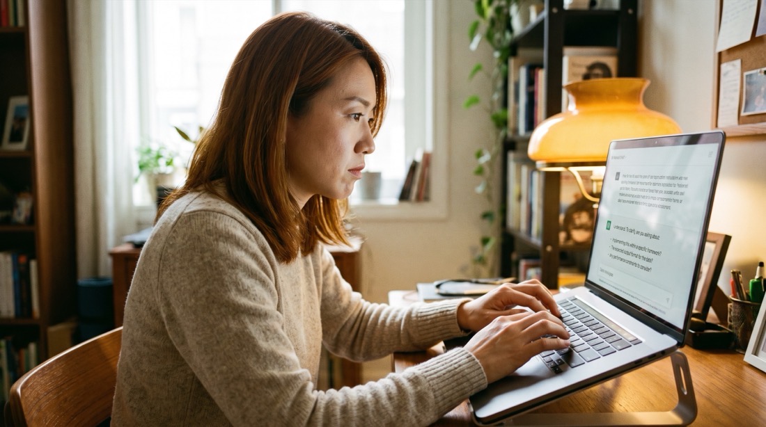 一位女性上班族雙手在鍵盤上打字,筆電螢幕顯示 AI 反過來提出的幾個問題