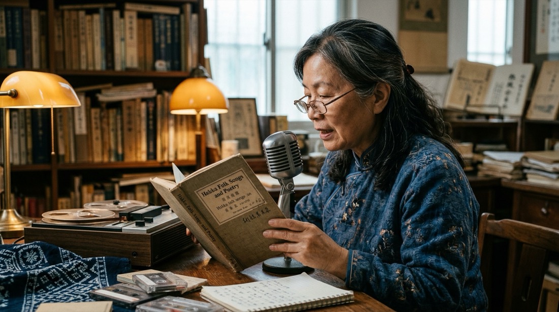 一位長者對著老式麥克風朗讀客語文化書籍，桌上有盤帶錄音機