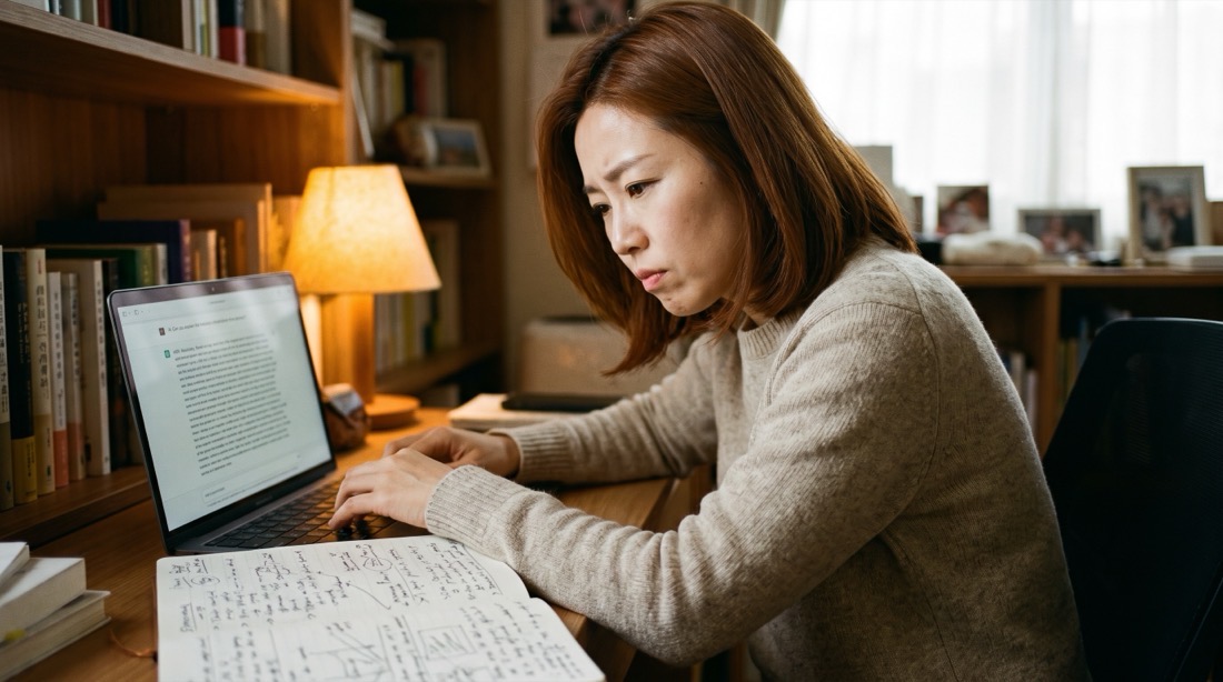 一位女性上班族低頭對照寫滿脈絡的筆記本,認真在筆電上逐題回覆