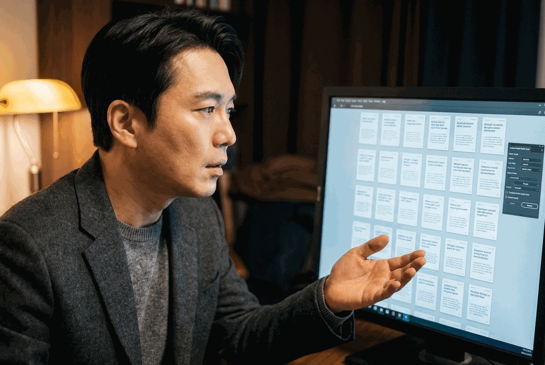 一位企業主攤開手示意螢幕，畫面上同一版面靠替換標題與描述展開成上百個廣告變體的網格