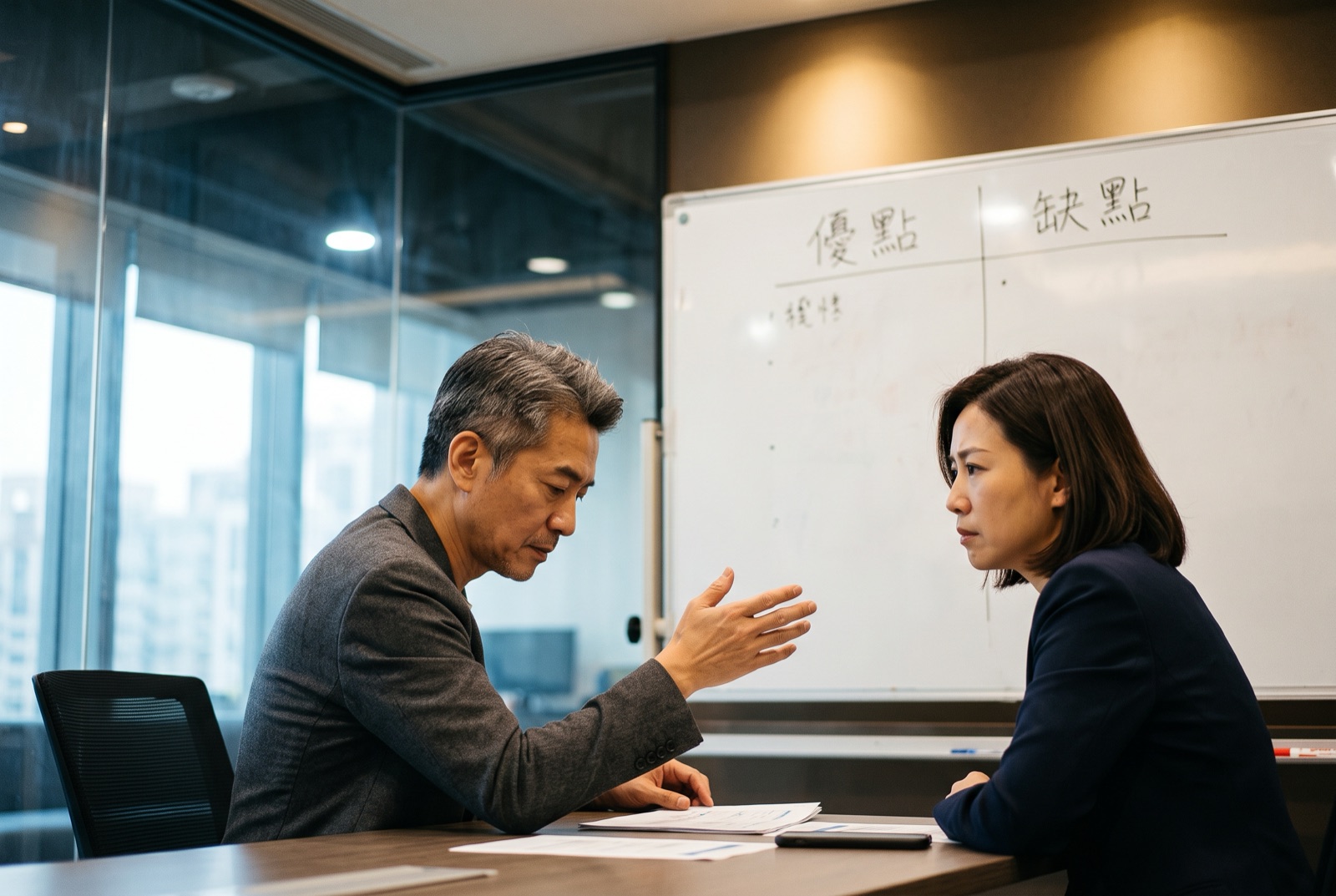 一位中高階主管在會議桌前專注思考、權衡選項,手邊放著幾份決策資料,神情沉穩