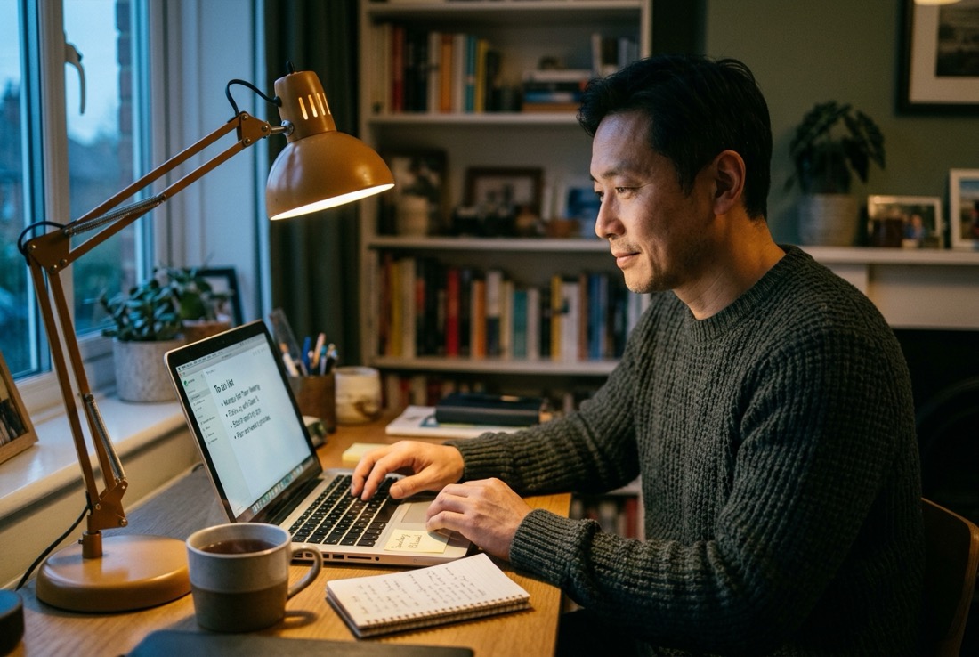 一位東亞男性主管在週日晚上的居家書桌前，暖色檯燈下花幾分鐘把待辦貼進筆電，神情放鬆，桌上有一杯熱茶