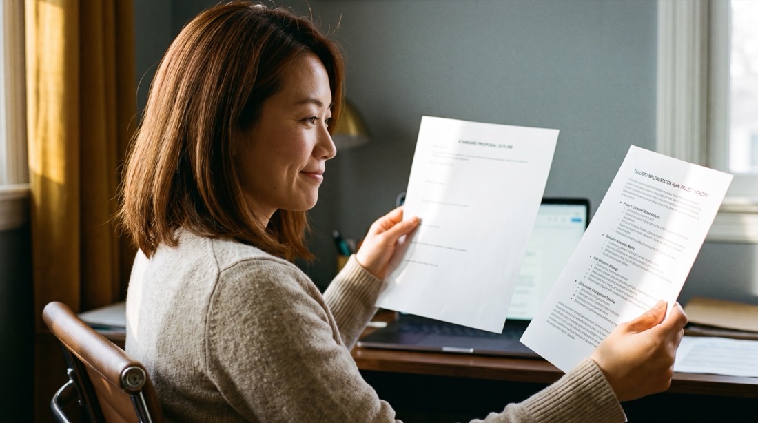 一位女性上班族舉起兩張文件並排比對,右邊那張寫滿具體條列、左邊近乎空白
