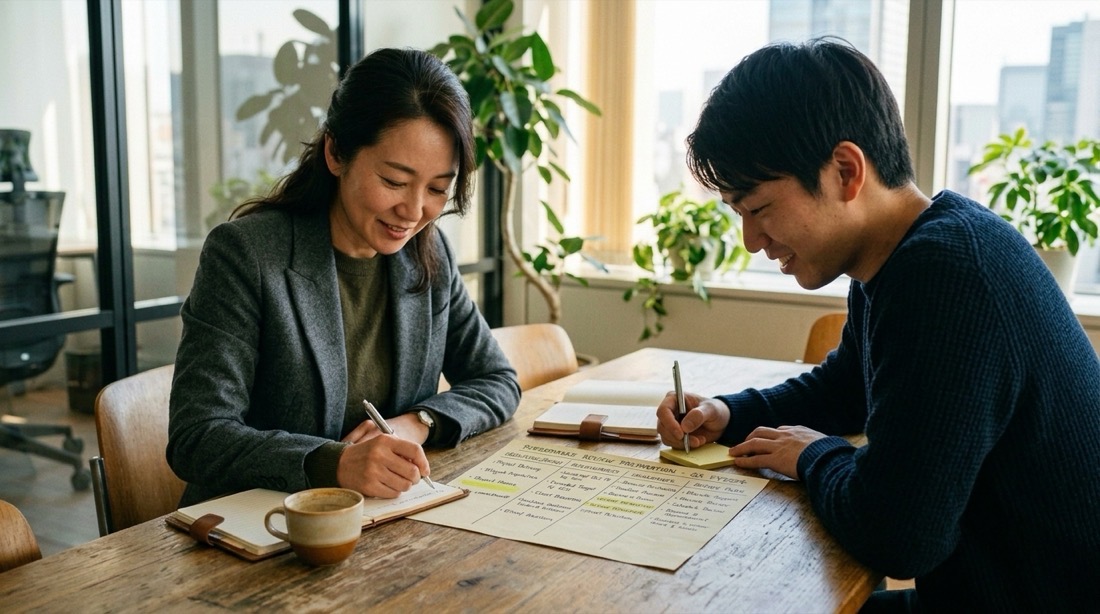 主管與部屬各自低頭在筆記本與便利貼上寫下承諾，兩人各留一份