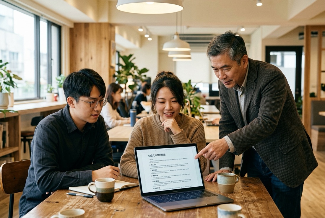 三位同事圍在一台筆電前討論，其中一人指著螢幕上同一份共用說明文件，其他人點頭，象徵全公司用 AI 的規矩對齊一致