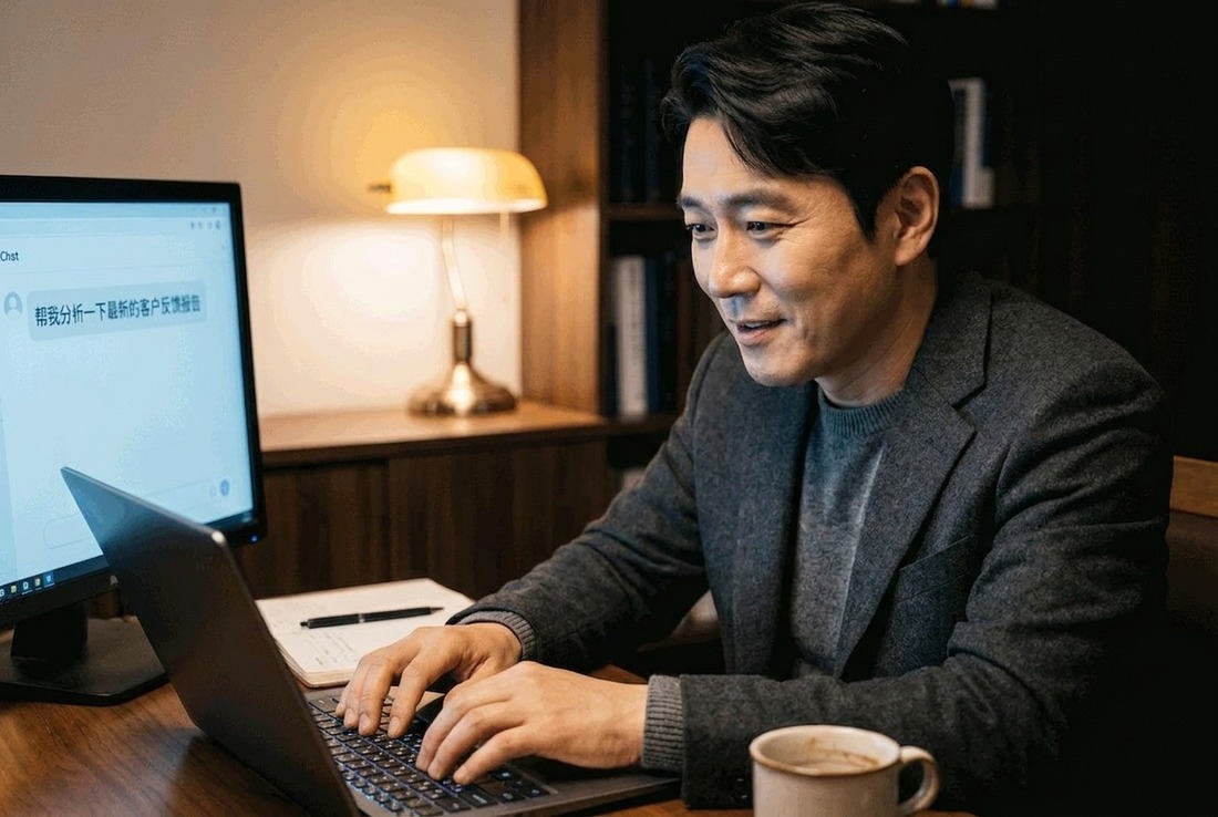 一位非工程師的中小企業老闆坐在筆電前，雙手打字輸入第一個用白話文交代給 AI 的指令，螢幕是自然語言而非程式碼，神情像是「原來這樣就能開始」