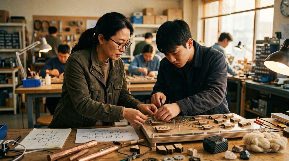 兩位工作者在工作坊裡合力把一塊電路板組裝起來