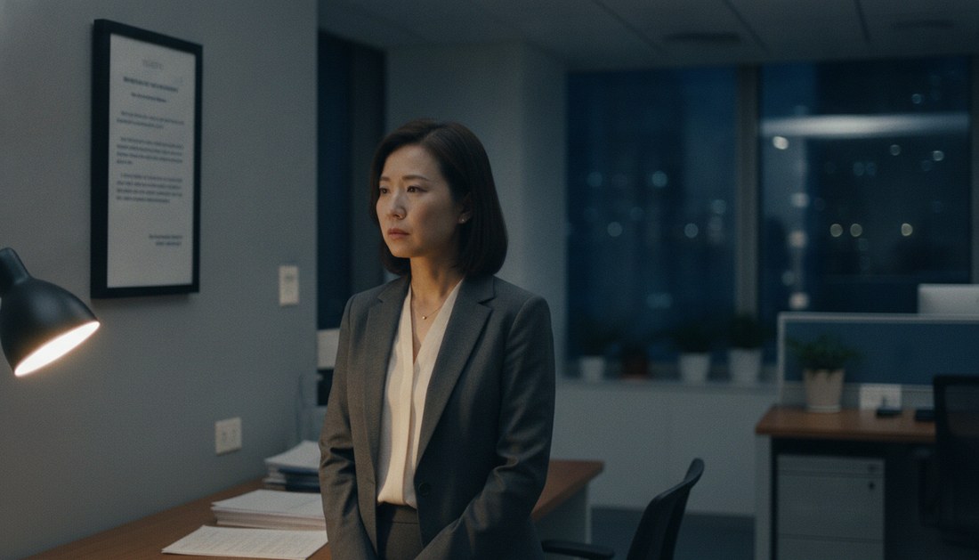 一位主管深夜獨自在辦公室，望著牆上裱框的使命宣言，臉上帶著一絲懷疑