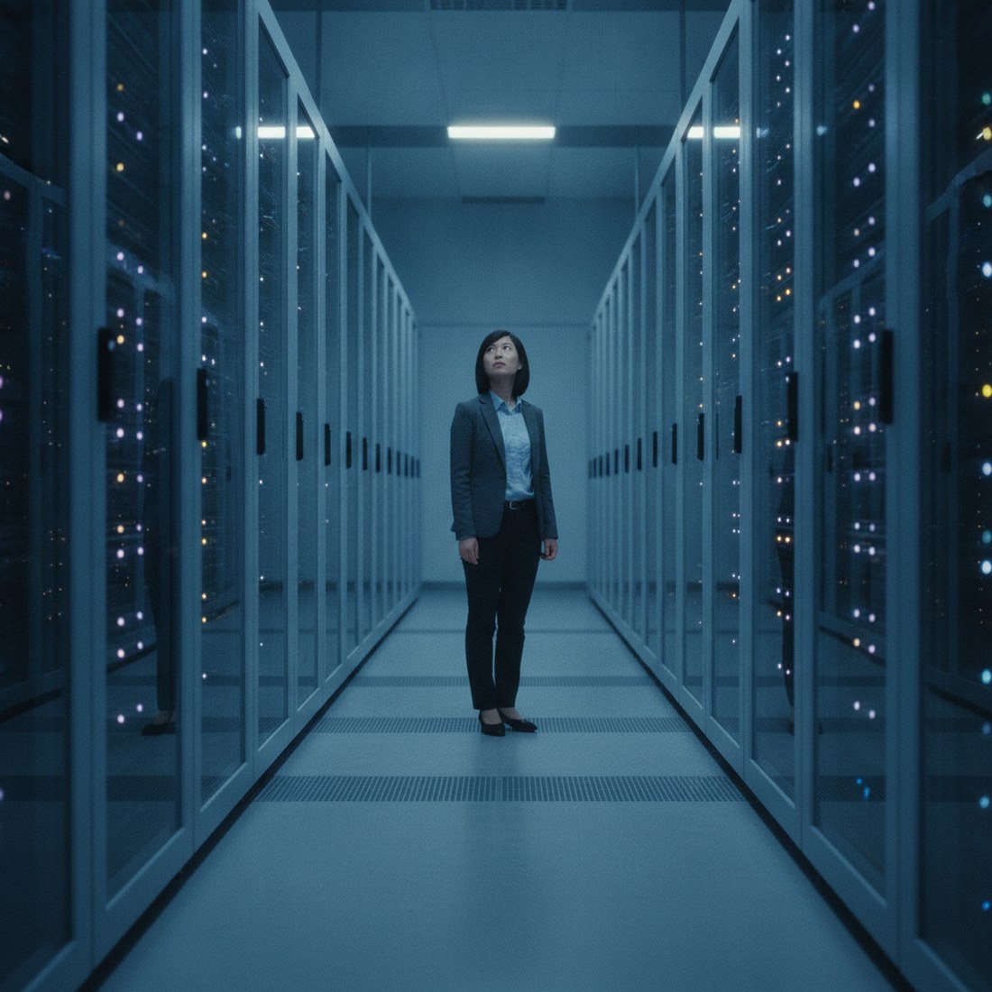一位分析師站在龐大資料中心機房前抬頭仰望林立機櫃，凸顯規模與轉折