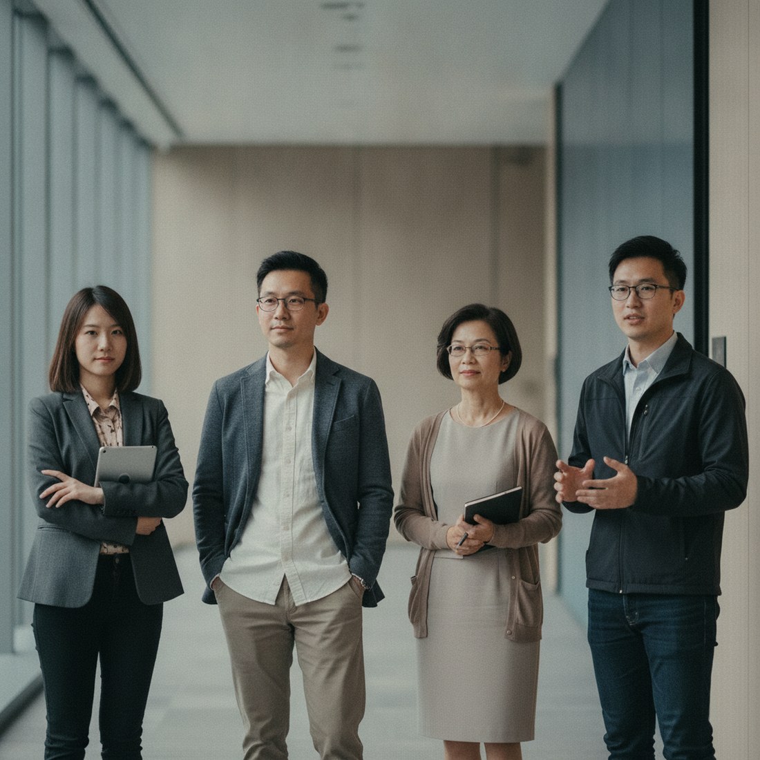 四位不同年齡與風格的專業工作者在中性走廊一字排開，各自姿態不同，象徵四種推動風格