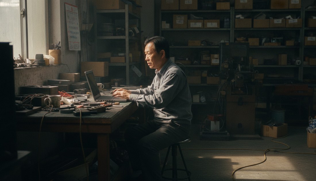 一位中小製造業老闆在工作台前停下手邊工作,帶著謹慎好奇看著筆電