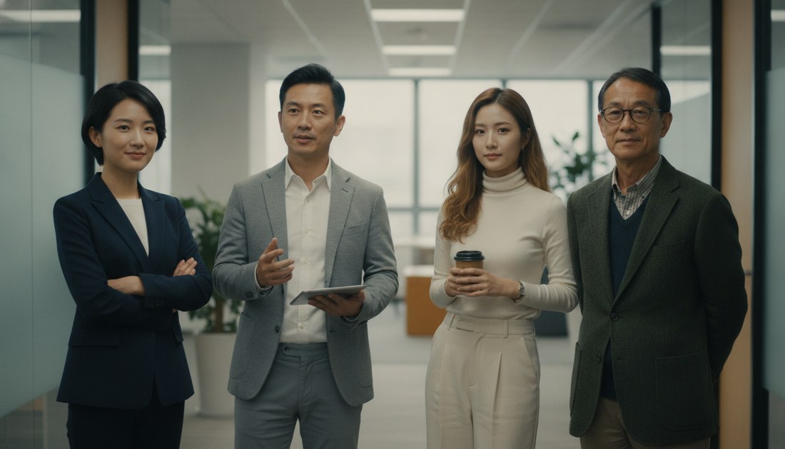 四位不同年齡與風格的專業工作者在中性走廊一字排開，各自姿態不同，象徵四種推動風格