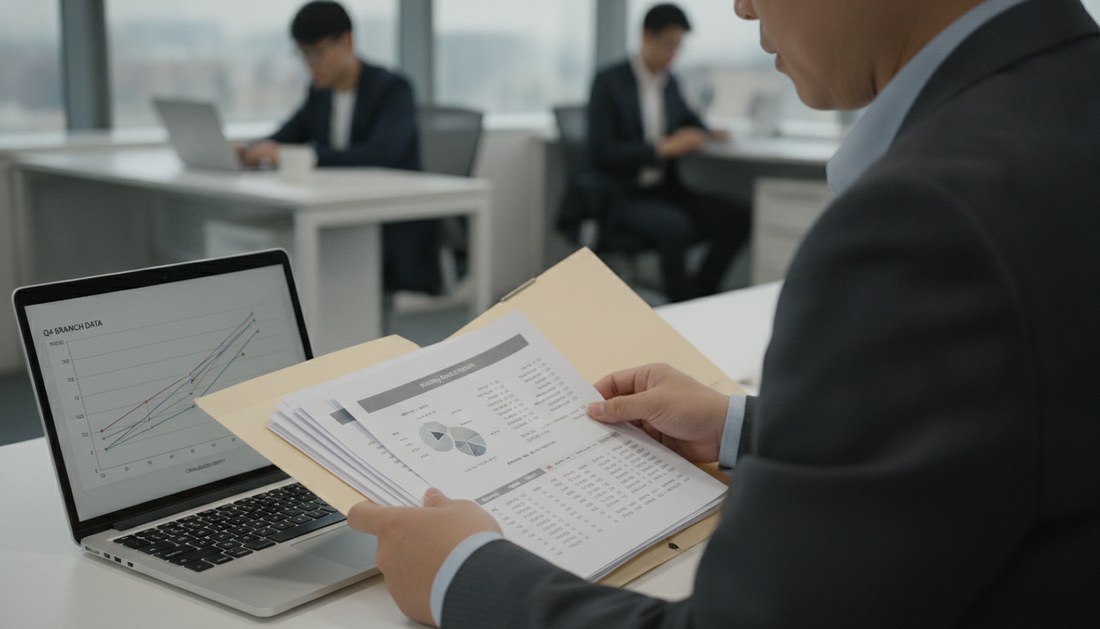 一位辦公人員面前攤著多份分店月報,看著筆電把它們合併成一份摘要而鬆一口氣