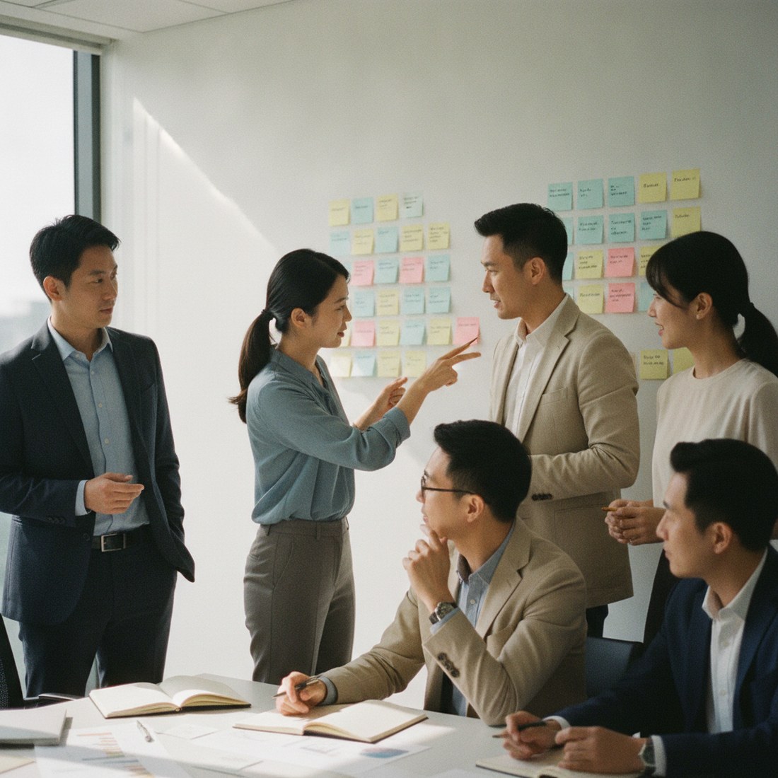 跨部門對齊會議,五位不同部門的人圍著兩組便利貼,一人比手勢說明依賴關係