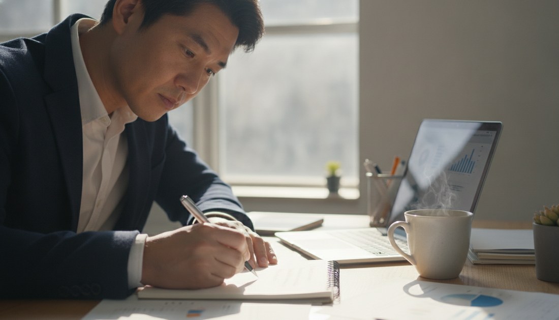 一位中小企業主在清晨辦公桌前,於筆記本寫下三件要交給 AI 的雜事