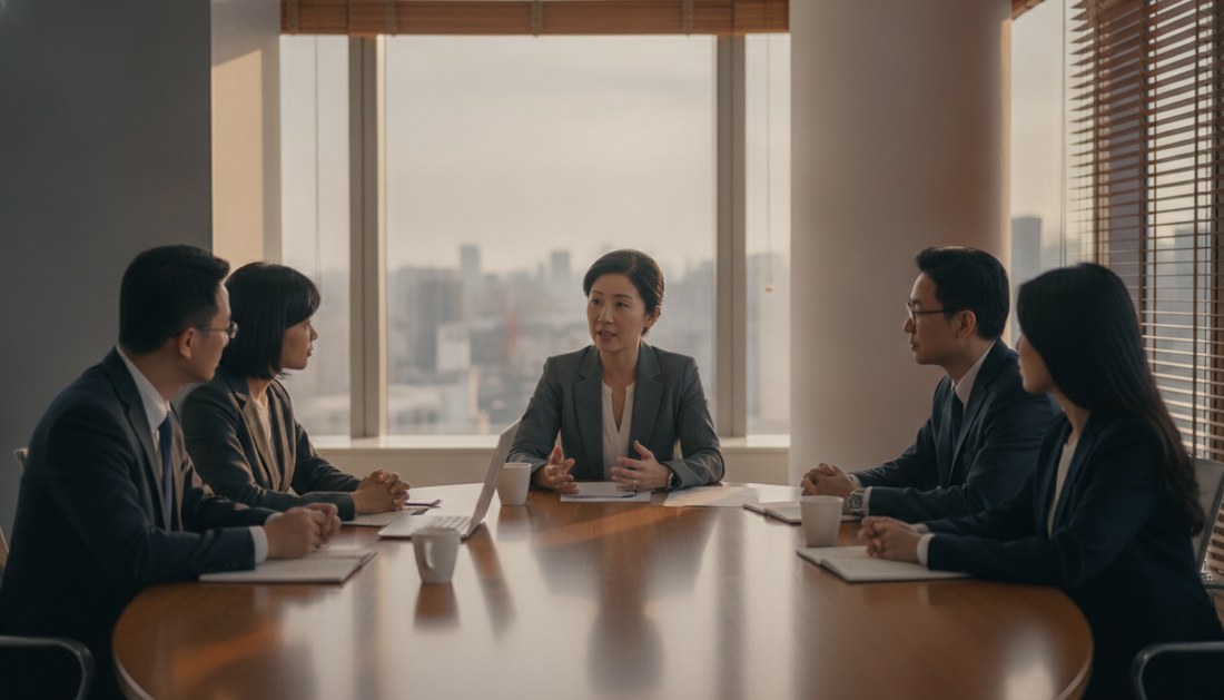 五位主管圍著圓桌在策略共識場合，一人發言其他人前傾聆聽，逐漸形成共識