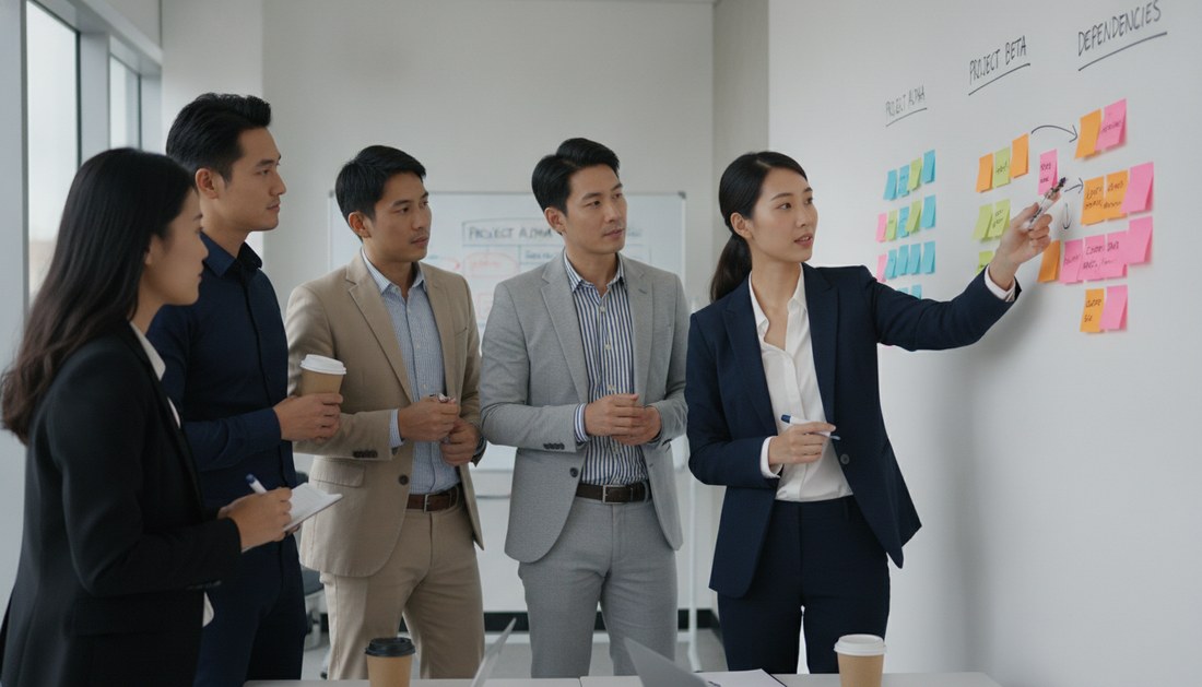 跨部門對齊會議，五位不同部門的人圍著兩組便利貼，一人比手勢說明依賴關係