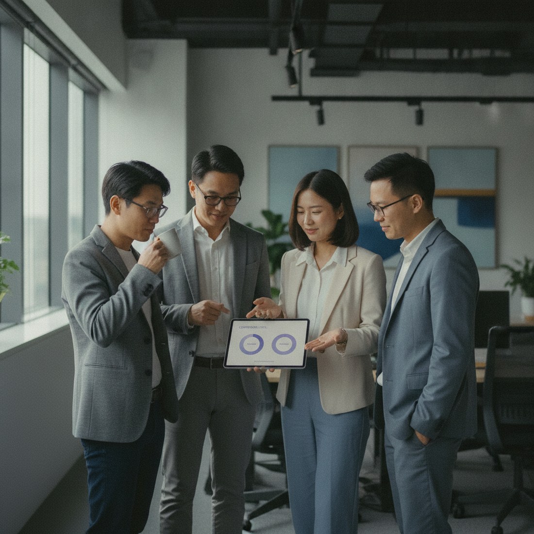 一場短暫的站立式 check in,四位成員圍著顯示信心指數的小螢幕,一人拿咖啡,氣氛放鬆專注