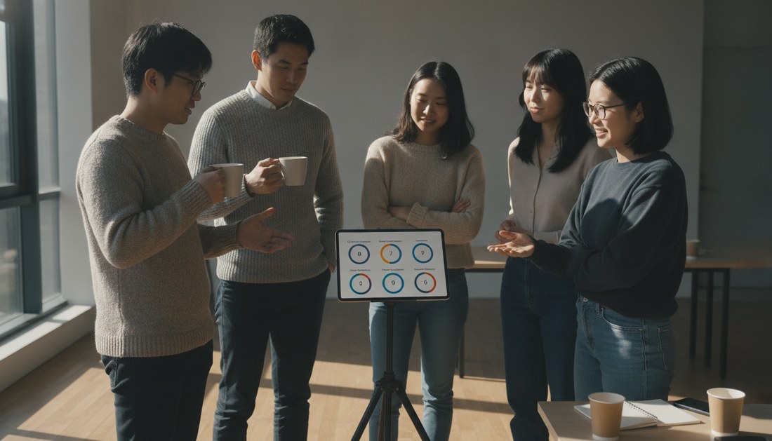 一場短暫的站立式 check in，四位成員圍著顯示信心指數的小螢幕，一人拿咖啡，氣氛放鬆專注