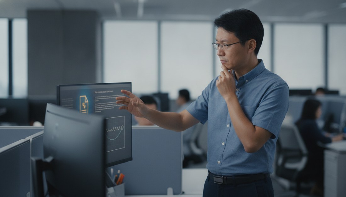 一位主管仔細把 AI 產出對照原始文件複核,神情略帶謹慎並教旁邊同事